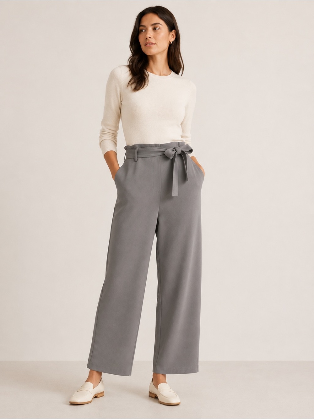 Quince Stretch Crepe Paperbag Pants High Rise Tie Waist Coastal Gray 10